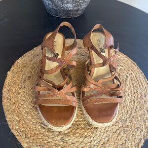 St John’s Bay Brown Leather Espadrille Wedge Sandals Size 6 Strappy